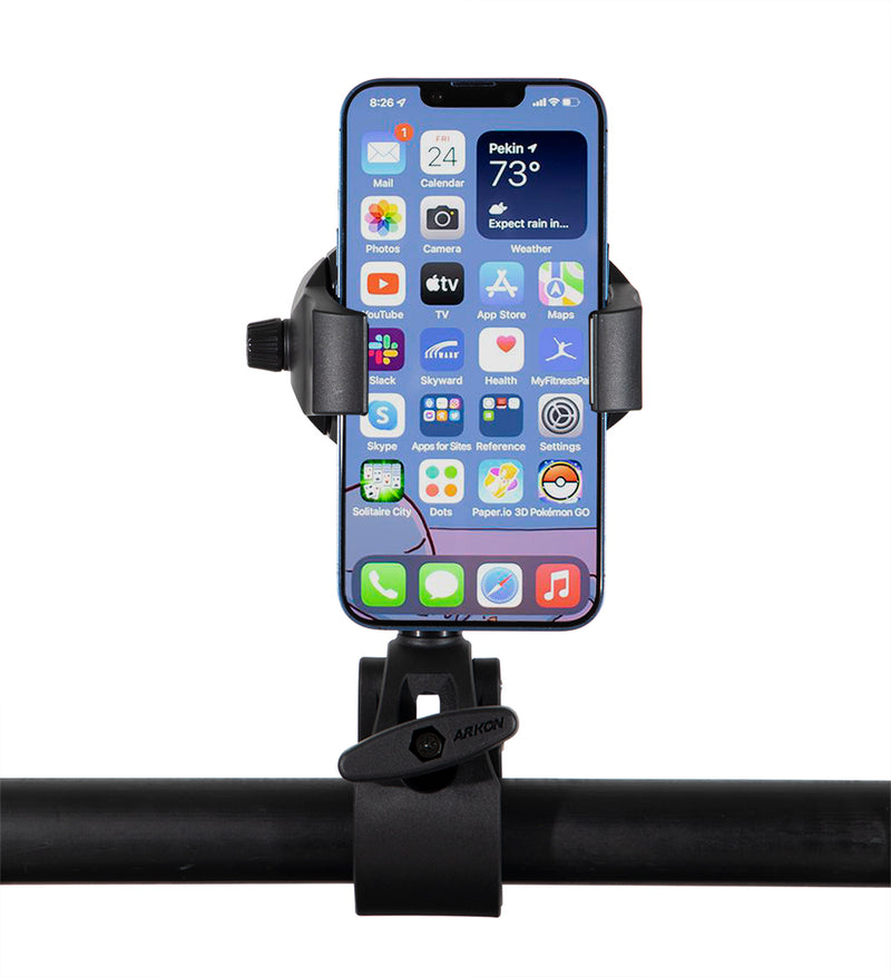 A smartphone is secured in the RoadVise® Ultra Holder with Multi-Angle Arm and Clamp Mount, displaying its home screen with app icons and a weather widget, against a white background.