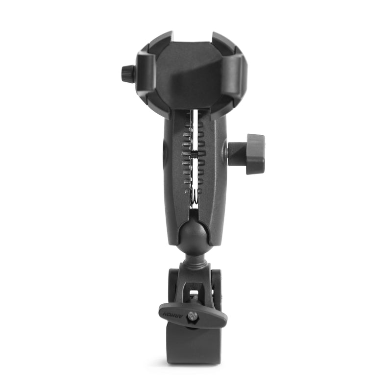The RoadVise® Ultra Phone and Tablet Holder features a clamp mount, 5.75” shaft arm, and tightening knobs in black, shown from the front against a white background.