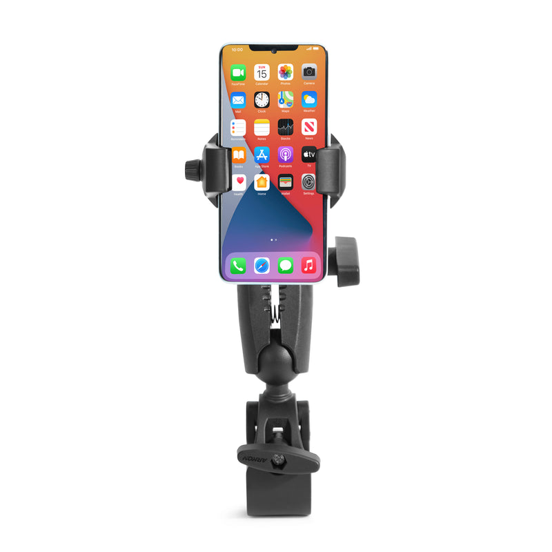 A smartphone is mounted vertically in the black RoadVise® Ultra Phone and Tablet Holder with Clamp Mount and 5.75” Shaft Arm, featuring adjustable clamps and a sturdy base, displayed on a plain white background. The screen shows colorful app icons.