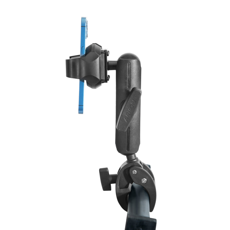A side view of the black RoadVise® Ultra Phone and Tablet Holder with Clamp Mount and 5.75” Shaft Arm shows a blue plate attached, mounted to a metal bar; perfect for securely holding phones and tablets.