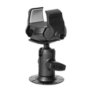 The RoadVise® Ultra Phone and Tablet Holder is a black, compact device with a transparent lens, adjustable base, 2 shaft arm, and VHB adhesive mount compatibility—ideal for mounting phones or tablets.