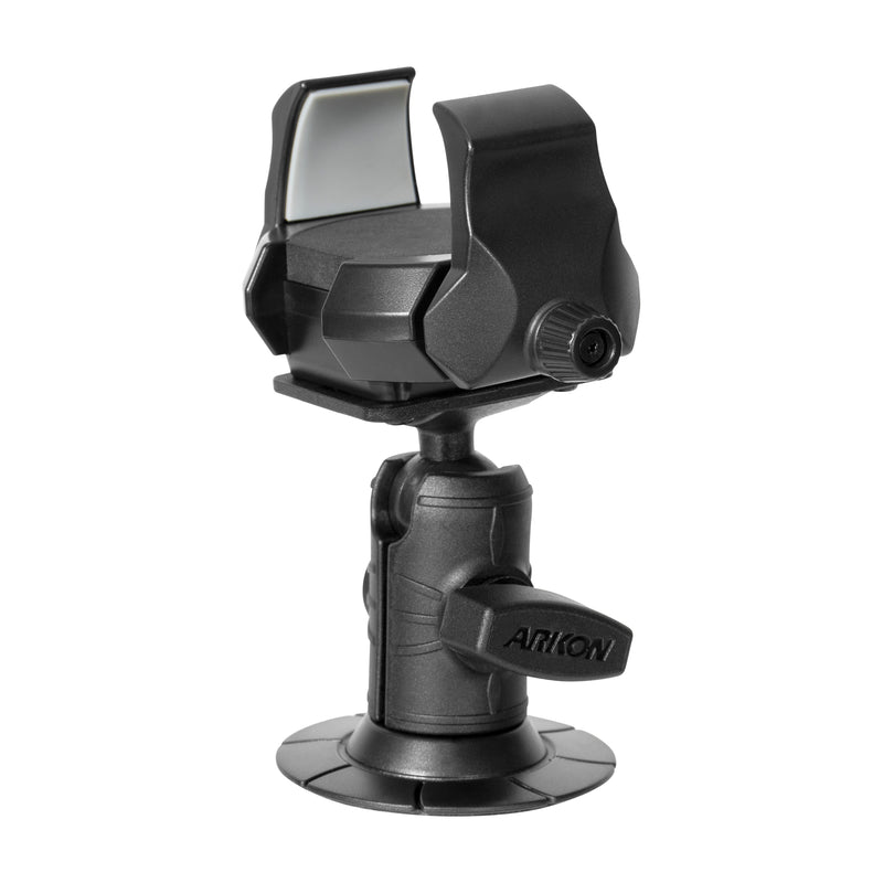 The RoadVise® Ultra Phone and Tablet Holder is a black, compact device with a transparent lens, adjustable base, 2 shaft arm, and VHB adhesive mount compatibility—ideal for mounting phones or tablets.