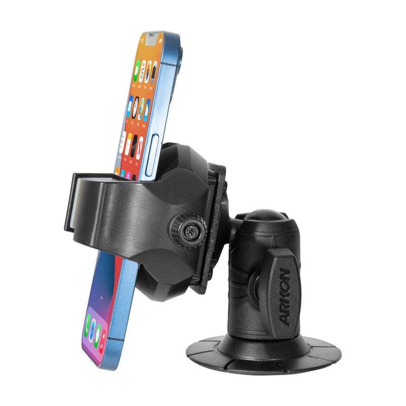 A blue smartphone is held vertically in the RoadVise® Ultra Phone and Tablet Holder with an adhesive base and 2” shaft arm, shown against a white background.