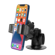 A blue smartphone displaying its home screen is mounted in a black RoadVise® Ultra Phone and Tablet Holder with adhesive base and 2 shaft arm.