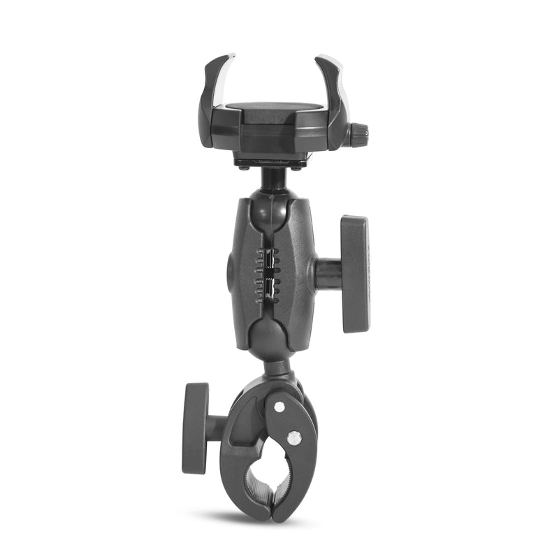 The RoadVise® Ultra Phone and Tablet Clamp Mount with 3.50” Arm is a black, heavy-duty adjustable clamp with a rotating arm and secure grip; it holds devices on bars or poles and supports MagSafe charger compatibility for convenience.