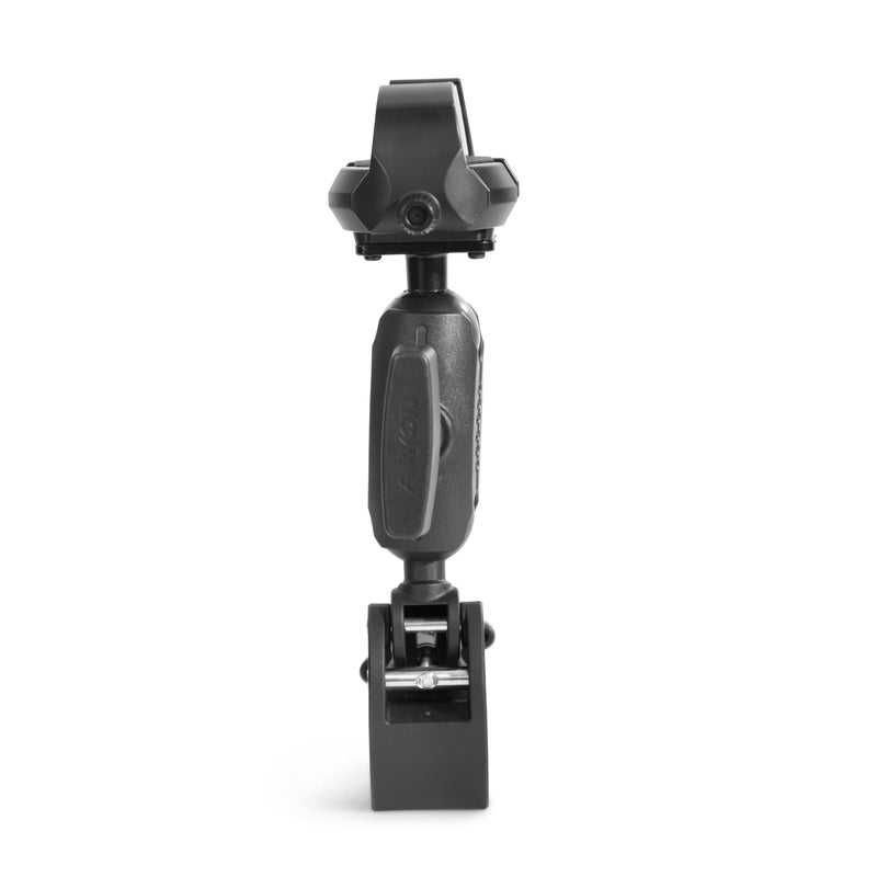 The RoadVise® Ultra Phone and Tablet Clamp Mount with 3.50” Arm is a black, heavy-duty mount featuring an adjustable arm, swiveling base, and bottom clamp. Ideal for phones and tablets. Shown on a white background.