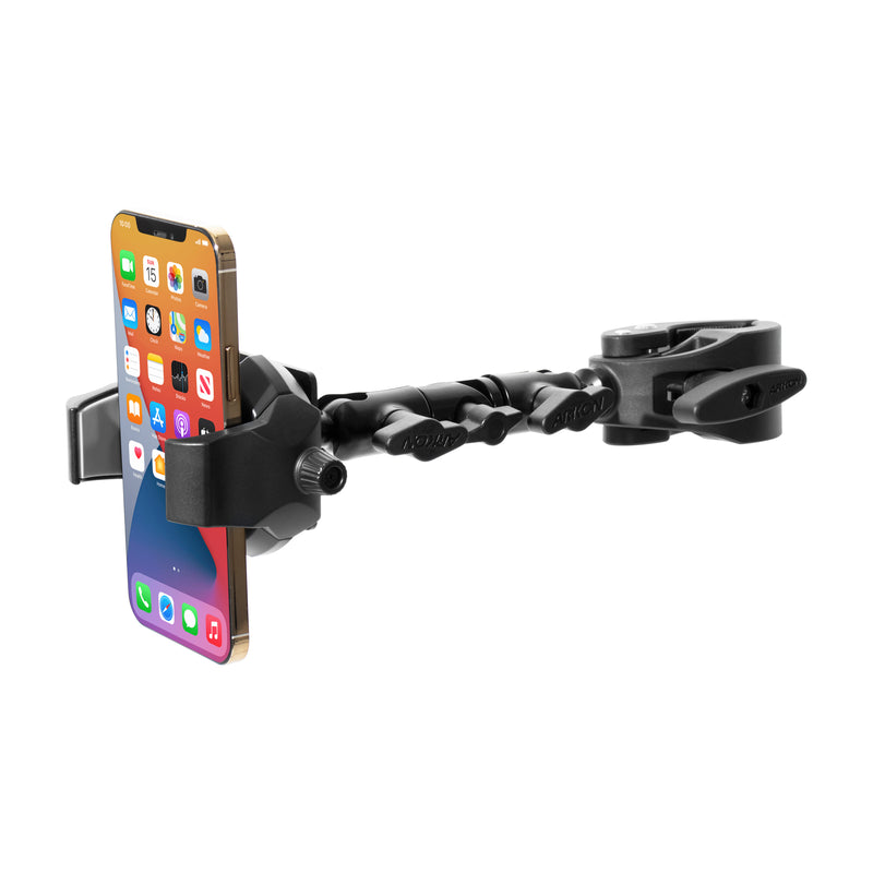 A smartphone is held horizontally in the black RoadVise® Clamp Mount with RoadVise® Ultra Holder, a heavy-duty mount designed for secure attachment to various surfaces or equipment.