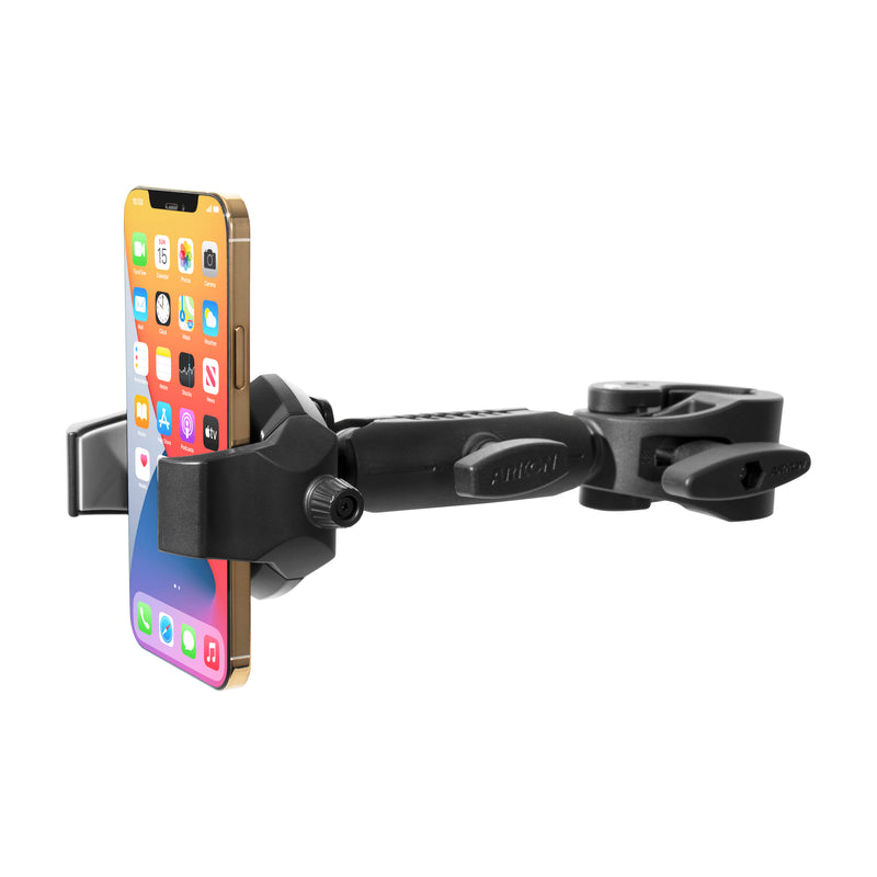 A gold smartphone is secured in the RoadVise® Ultra Holder with Clamp Mount, a black adjustable device holder featuring a long arm that attaches to surfaces for hands-free use. The phone screen shows app icons.