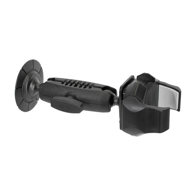 The RoadVise® Ultra Holder with Adhesive Mount is a black adjustable car phone mount that securely holds phones or GPS units for hands-free convenience. Features an adhesive base and clamp for stable, reliable use.