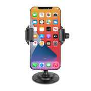 A smartphone is held upright in the RoadVise® Ultra Holder with Adhesive Mount, featuring a round base and side grips, against a white background as its home screen is displayed.