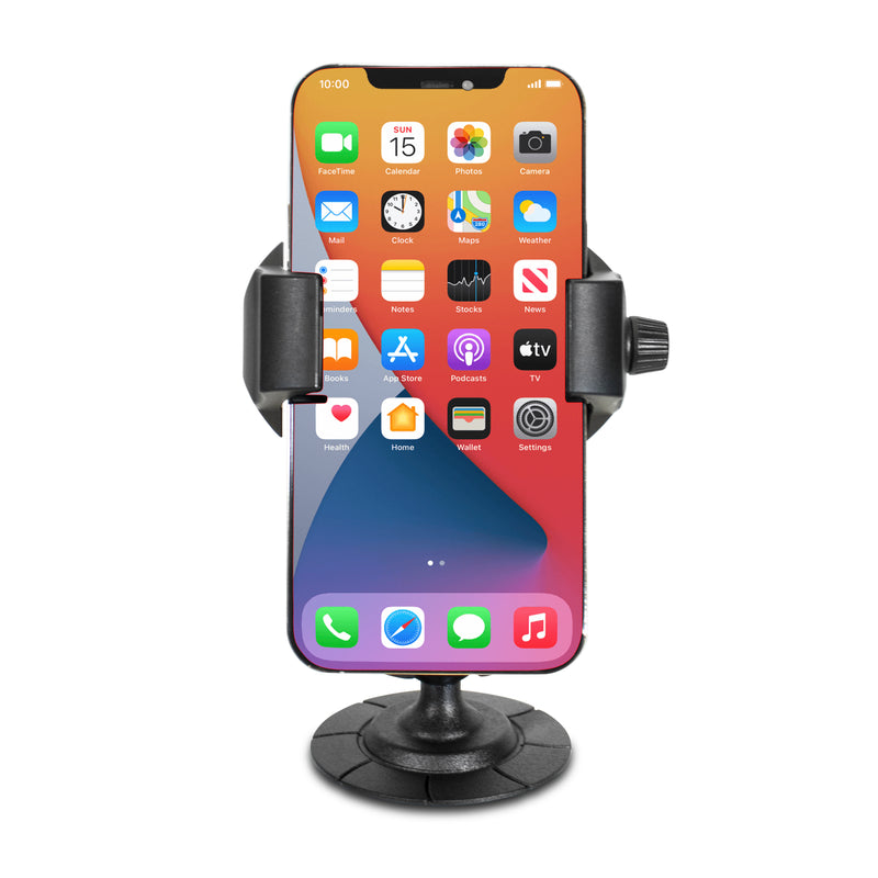 A smartphone is held upright in the RoadVise® Ultra Holder with Adhesive Mount, featuring a round base and side grips, against a white background as its home screen is displayed.