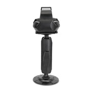 The RoadVise® Ultra Holder with Adhesive Mount is a black, adjustable device holder featuring a clamp top and adhesive base, designed to securely hold devices as a car phone mount.