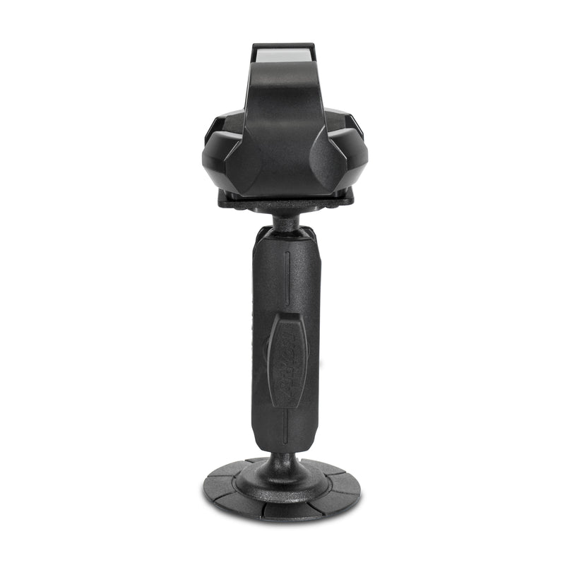 The RoadVise® Ultra Holder with Adhesive Mount is a black, adjustable device holder featuring a clamp top and adhesive base, designed to securely hold devices as a car phone mount.