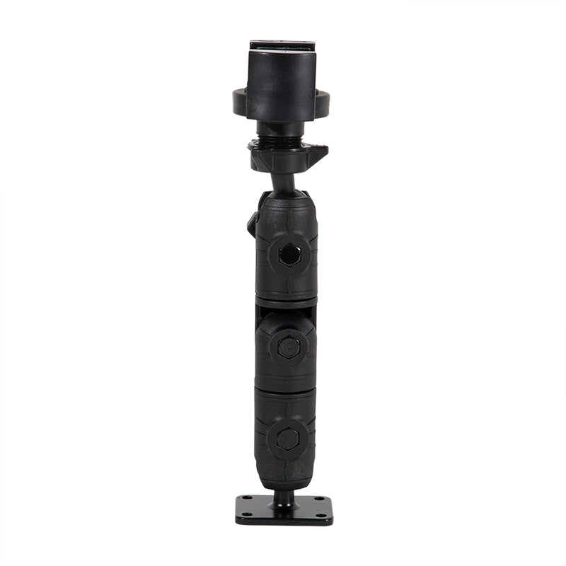 The RoadVise® Ratchet Phone Holder with Drill Base Mount is a black adjustable bracket with multiple joints, offering universal compatibility for attaching phones or accessories.