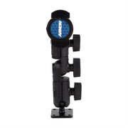 The RoadVise® Ratchet Phone Holder with Drill Base Mount is a black, adjustable arm featuring universal compatibility, three knobs, and a blue Axiom attachment; the metal base plate has four screw holes for secure installation.