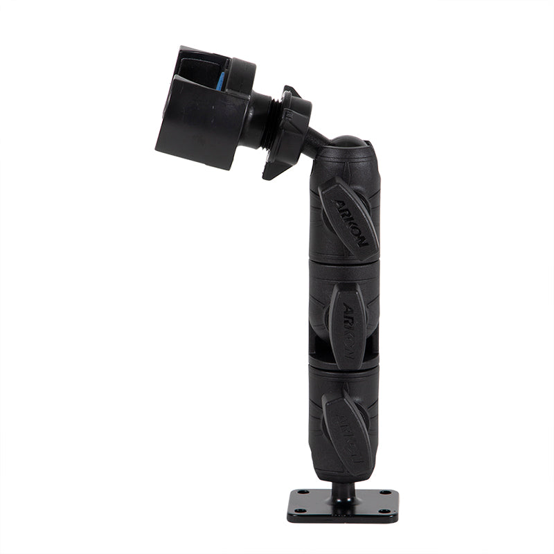 The RoadVise® Ratchet Phone Holder with Drill Base Mount is a black, adjustable arm with a square drill base and rotating joints, offering universal device compatibility as a phone mount.