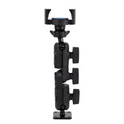 The RoadVise® Ratchet Phone Holder with Drill Base Mount is a black adjustable arm with three locking knobs, a drill base at the bottom, and a round holder on top for universal phone compatibility, shown on a white background.