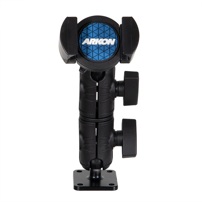 The RoadVise® Holder with Double Socket Arm and Drill-Base Mount is a black phone holder with two locking knobs and a blue logo, offering secure mounting. Shown upright on a white background, it features a reliable drill-base design.