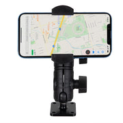 A smartphone displaying a map is held horizontally in the RoadVise® Holder with Double Socket Arm and Drill-Base Mount, designed for secure phone mounting to any flat surface.