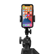 A smartphone on the Mega Grip™ Phone Holder with 6 Multi-Angle Arm and Clamp Mount is attached to a bicycle handlebar, displaying colorful app icons on its screen.