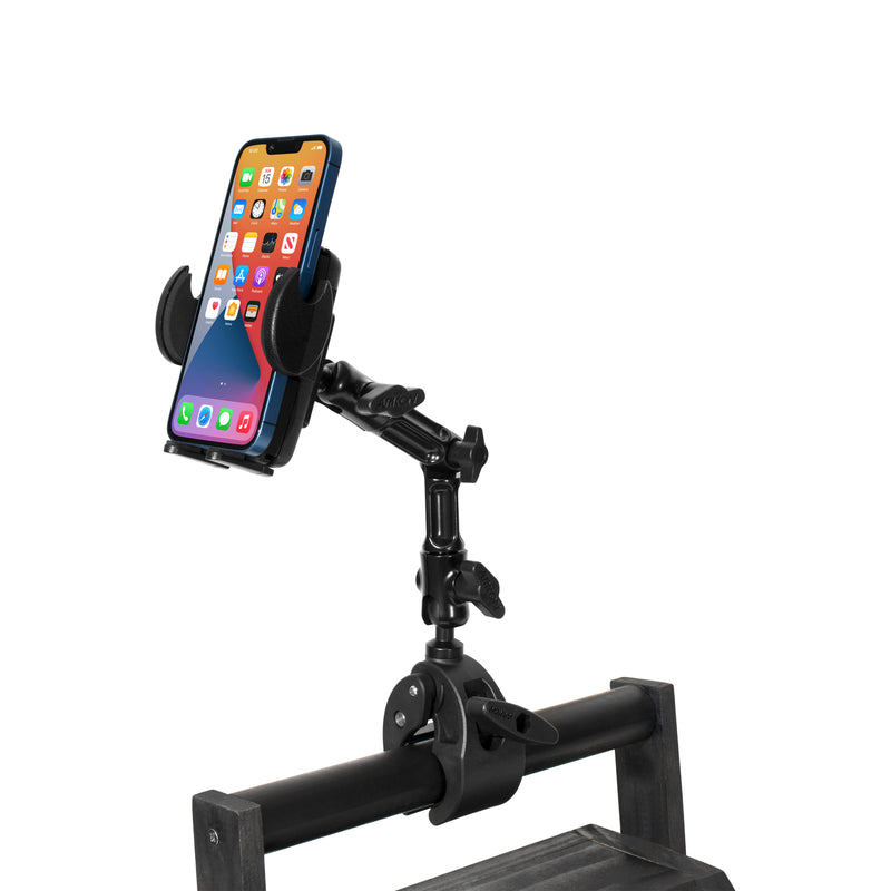 The Mega Grip™ Phone Holder with Multi-Angle Arm and Clamp Mount, shown in black, attaches securely to a horizontal bar for hands-free use. Its adjustable arm ensures easy viewing of your smartphone screen while using various apps.