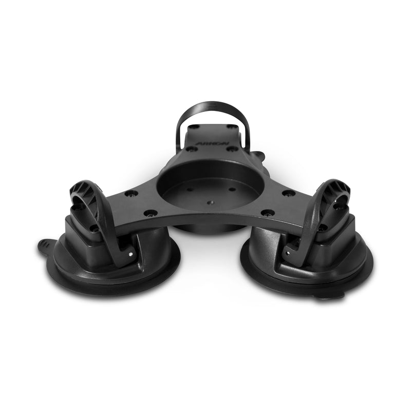 The Triple Splitter Bar Plate with Suction Mounts and AMPS Base features black, triangular suction mounts with three adjustable bases and a central circular plate for securely attaching objects to smooth surfaces.