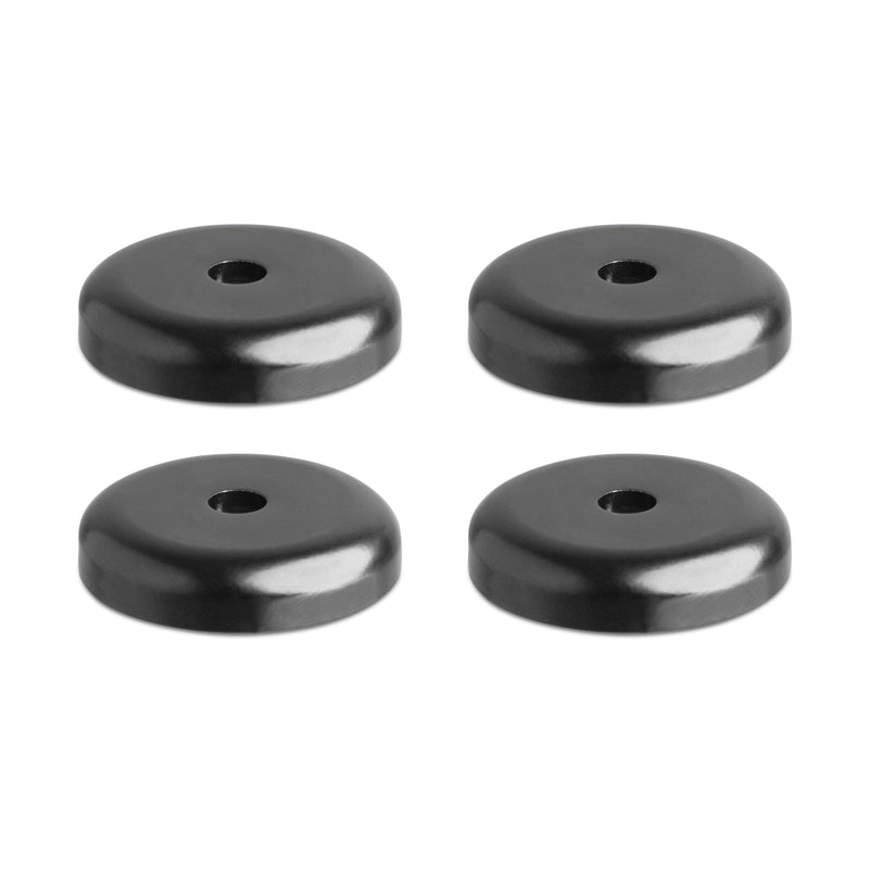 Four identical SteadyMag™ Magnetic Bases with Hardware, black and round with center holes, are arranged in a 2x2 grid on a white background—ideal for secure mounting bracket or forklift mount applications.