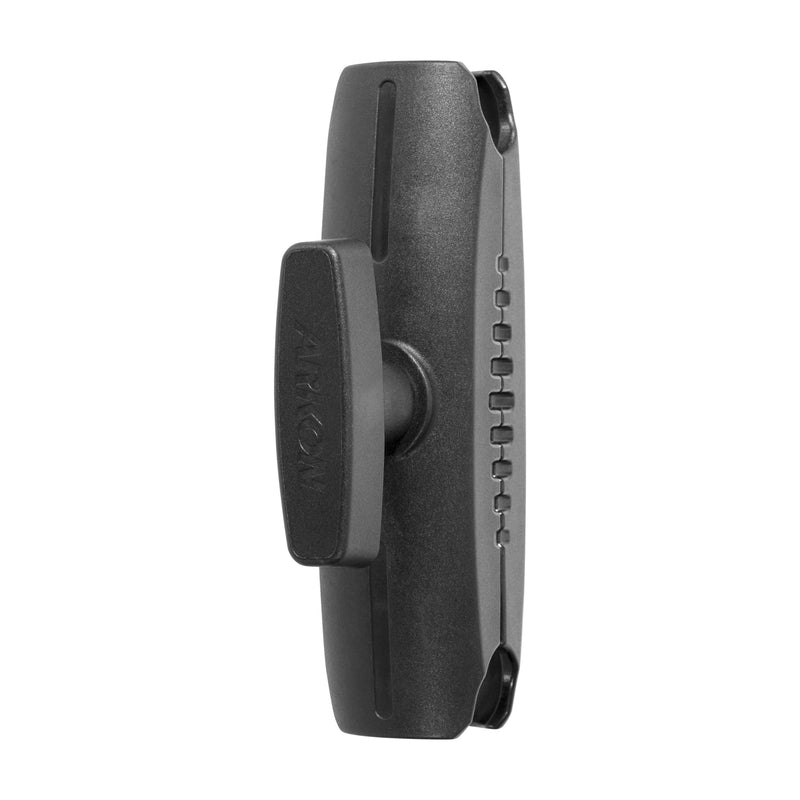 The Robust™ Series 5.75 inch Mount Shaft is a heavy-duty, black rectangular plastic device with a central adjustable knob and notched edges, ideal for mounting. The ARKON brand name is embossed on the knob; 38mm (1.5 inch) ball compatible.