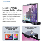 A tablet is secured in the LockVise™ Metal Locking Tablet Mount with Drill Base by Arkon Mounts. Key features are listed on the left, with close-ups of the lock and compatible tablet sizes shown at the bottom corners.