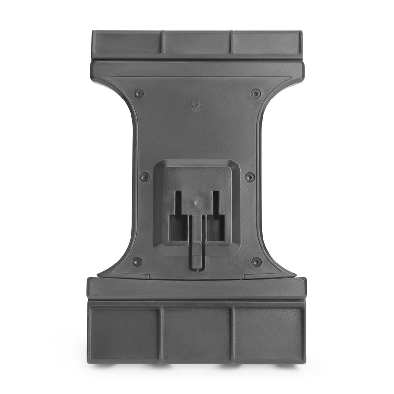 The Arkon Mounts Slim-Grip® Ultra Pro Holder is a black plastic stand featuring a rectangular base, an angled central support, and bottom compartments for organizing small items; this universal tablet holder offers a secure, adjustable way to keep your device in place while ensuring easy access to accessories.