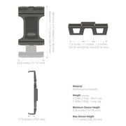 Diagram of the Slim-Grip® Ultra Pro Universal Tablet Holder with Clamp Mount, showing front, side, and back views. Made from reinforced composite, weighs 0.25 lbs, fits devices 6.56–11.12 tall—perfect for various tablets.