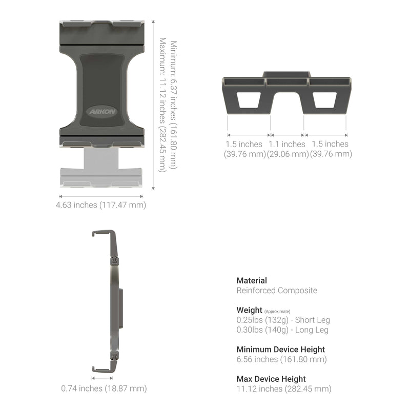 Diagram of the Slim-Grip® Ultra Pro Universal Tablet Holder with Clamp Mount, showing front, side, and back views. Made from reinforced composite, weighs 0.25 lbs, fits devices 6.56–11.12 tall—perfect for various tablets.