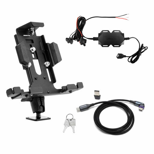 Collection of car accessories including a mount, power adapter, and key fob on a white background.