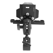 Front view of the RoadVise® Clamp Mount with LockVise™ Metal Locking Tablet Holder, a black adjustable metal mount with clamps and knobs for secure tablet holding or equipment mounting, such as cameras.