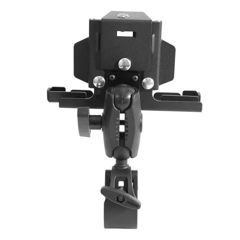 Front view of the RoadVise® Clamp Mount with LockVise™ Metal Locking Tablet Holder, a black adjustable metal mount with clamps and knobs for secure tablet holding or equipment mounting, such as cameras.