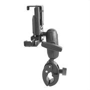 The RoadVise® Clamp Mount with LockVise™ Metal Locking Tablet Holder secures tablets to handlebars or poles, featuring a black adjustable clamp, locking attachment, tightening knob, and swiveling joint for precise positioning.