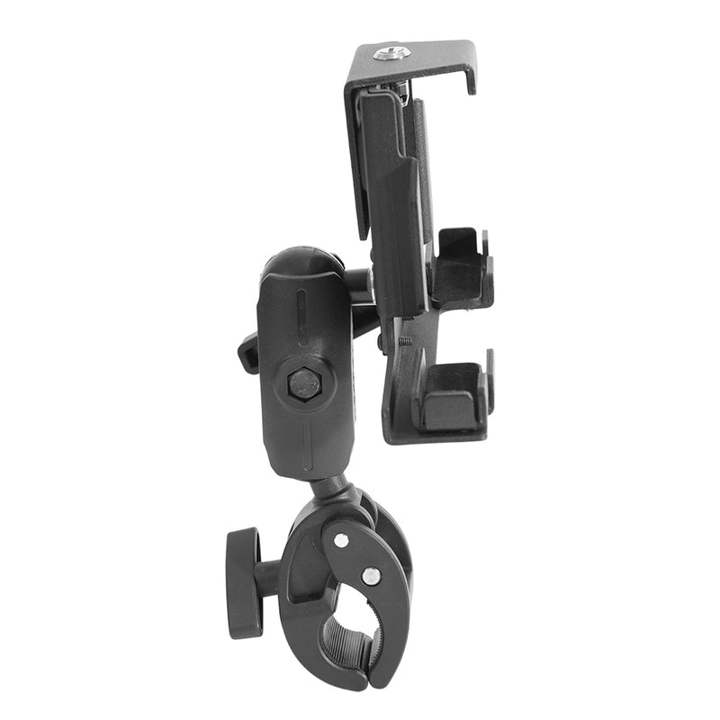 The RoadVise® Clamp Mount with LockVise™ Metal Locking Tablet Holder is a black adjustable mount with a rotating arm and rectangular holder, ideal for securely attaching tablets or cameras to handlebars or poles.