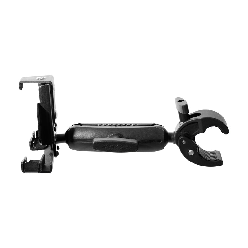 The LockVise™ Metal Locking Tablet Holder with Clamp Mount features a black adjustable design, rotating arm, heavy-duty clamp, and gripping jaws to securely hold smartphones, tablets, or cameras on various surfaces.