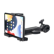 A tablet is horizontally held in the LockVise™ Metal Locking Tablet Holder with Clamp Mount, featuring an adjustable arm and heavy-duty clamp for secure attachment. The screen shows app icons, isolated on a white background.