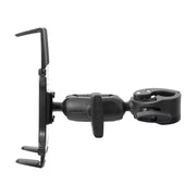 The RoadVise Clamp Mount with Slim-Grip® Tablet Holder and Shaft Arm Extension features a black adjustable clamp on one end and a flat, ridged platform to securely hold your tablet. Side view shown on a white background.