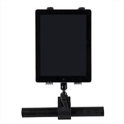 The Slim-Grip® Tablet Holder with Multi-Angle Arm and Clamp Mount is shown holding a tablet vertically on a black clamp mount attached to a horizontal bar, all set against a plain white background.