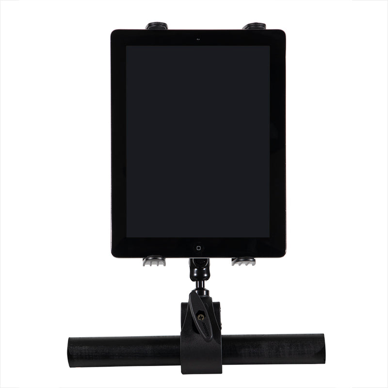 The Slim-Grip® Tablet Holder with Multi-Angle Arm and Clamp Mount is shown holding a tablet vertically on a black clamp mount attached to a horizontal bar, all set against a plain white background.