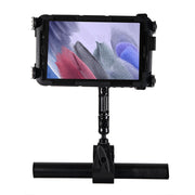 A tablet is secured in the Slim-Grip® Tablet Holder with Multi-Angle Arm and Clamp Mount, attached to a horizontal handlebar, its screen displaying an abstract design in purple, pink, and gray tones.