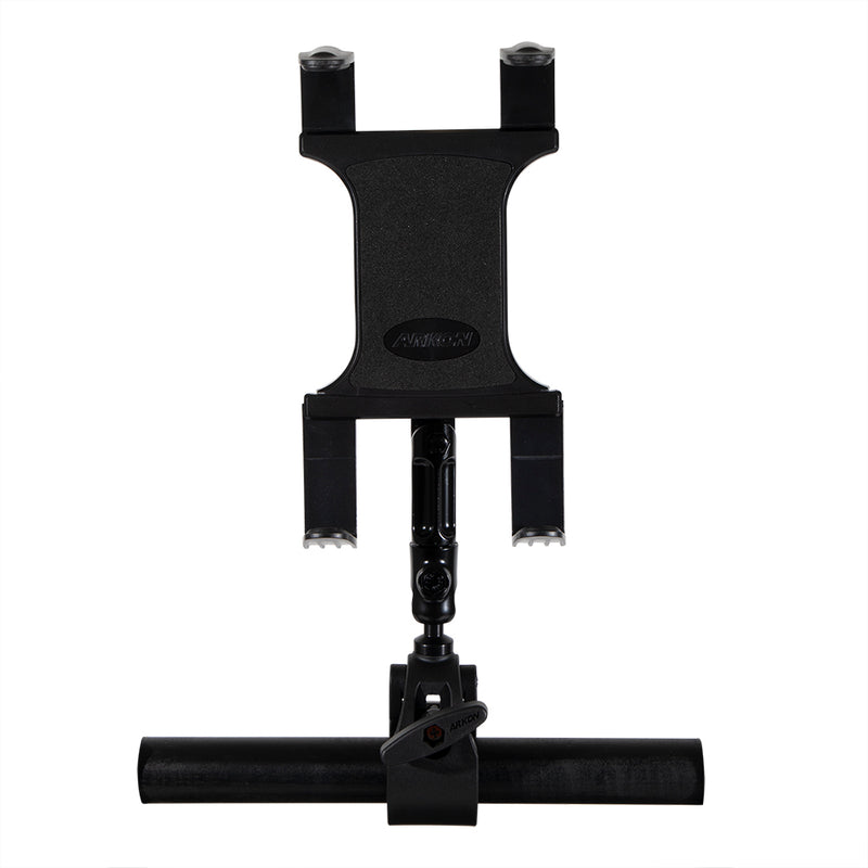 The Slim-Grip® Tablet Holder with Multi-Angle Arm and Clamp Mount is a black holder designed to attach securely to a horizontal bar, featuring an adjustable arm and shown against a white background.