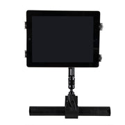 A Slim-Grip® Tablet Holder with Multi-Angle Arm and Clamp Mount holds a tablet with its screen off, mounted on a black adjustable arm and horizontal bar against a white background.