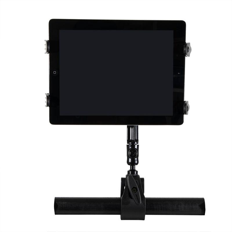 A Slim-Grip® Tablet Holder with Multi-Angle Arm and Clamp Mount holds a tablet with its screen off, mounted on a black adjustable arm and horizontal bar against a white background.