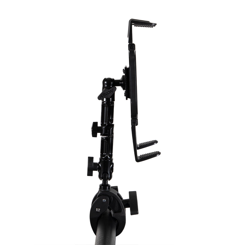 The Slim-Grip® Tablet Holder with Multi-Angle Arm and Clamp Mount, shown from the side on a white background, features padded grips and an adjustable black arm to securely hold your tablet in place.