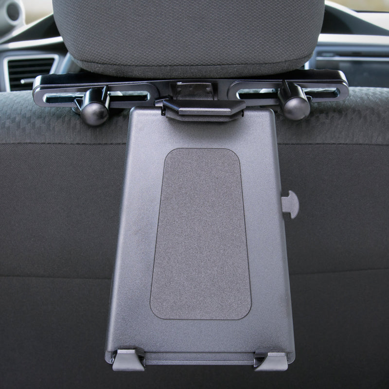 The Car Headrest Tablet Mount attaches to a car seat headrest, featuring secure adjustable clamps and a foldable tray table with a built-in tablet holder for convenient backseat entertainment.