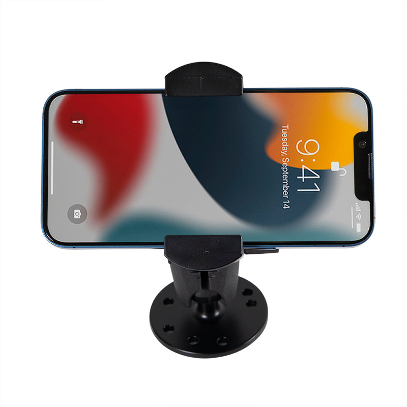 A smartphone displaying the lock screen sits horizontally in a black RoadVise® XL Holder with Circular Drill-Base Mount, viewed from above. The phone shows 9:41 and Tuesday, September 14 on its screen.