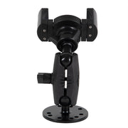The RoadVise® XL Holder with Circular Drill-Base Mount is a black adjustable bracket with a round base, pivoting joints, and a gripping clamp, designed for securely holding devices or equipment.